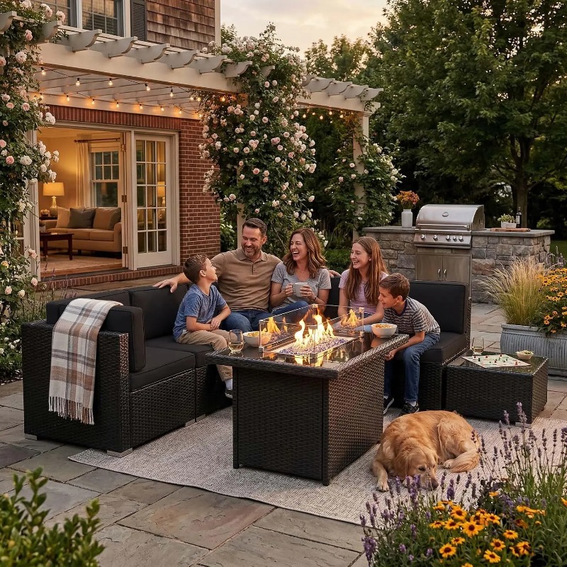 Outdoor Furniture With Fire Pit - 8-местный комплект плетеной мебели для патио