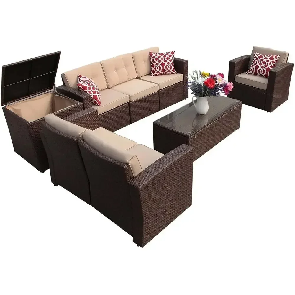 Outdoor Furniture With Storage For Cushions - 8-местный комплект садовой мебели из ротанга