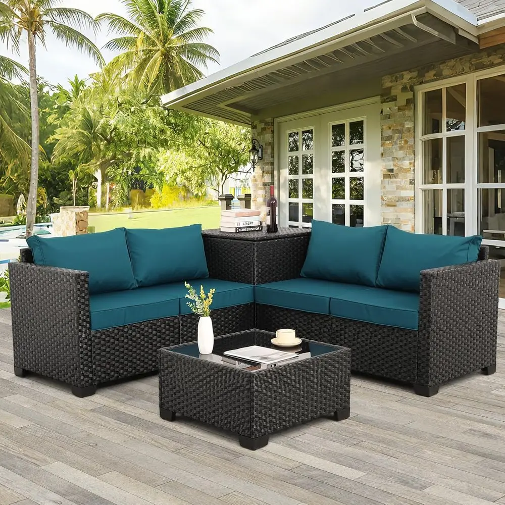 Outdoor Furniture With Storage For Cushions - 4-местный комплект садовой мебели: черный плетеный
